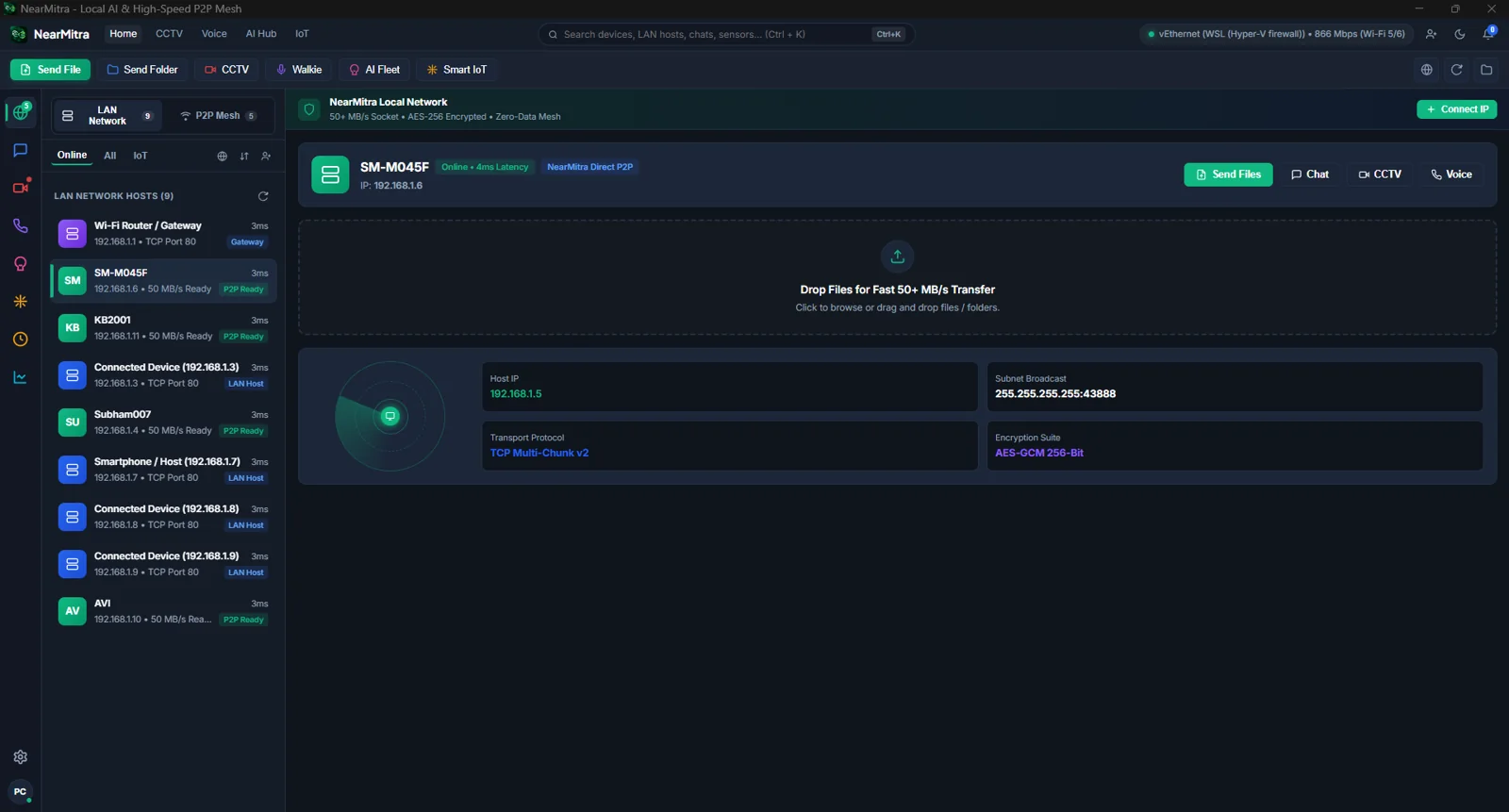 NearMitra Windows dashboard with nearby devices